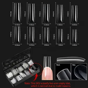 Detailed size chart for long coffin fake nails in a black plastic storage box