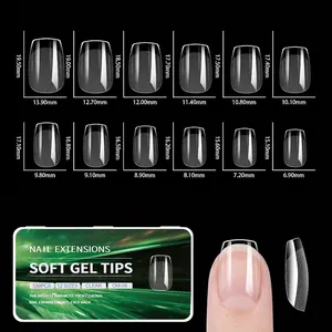 Size chart for 550pcs soft gel nail tips showing 12 sizes with detailed mm measurements