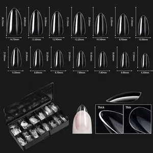 Size chart for 14 sizes of transparent coffin nail tips with precise mm measurements