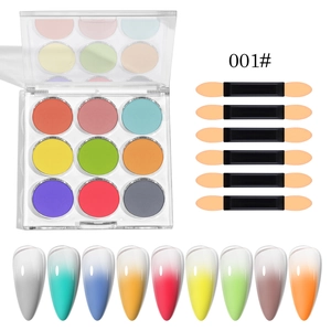 Detailed 9-color solid mirror powder palette with 6 sponge applicators for gradient nails