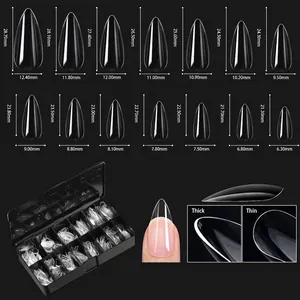Detailed size chart for 14 sizes of clear coffin false nail tips with dimensions in mm