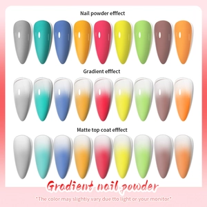 Detail of 8-color gradient nail powder showing solid, gradient, and matte finishes