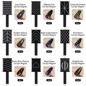 Professional 9-piece cat eye nail magnet set showing diverse 3D patterns and effects