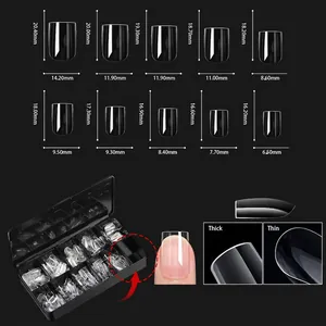 Size chart showing 10 clear coffin nail tip dimensions and thickness gradient distribution