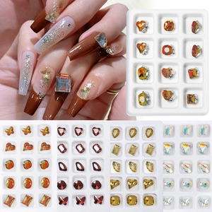 Maillard autumn brown crystal nail art rhinestones set with heart and butterfly shapes