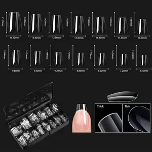 Size chart showing 14 sizes of clear coffin nail tips with thickness comparison details