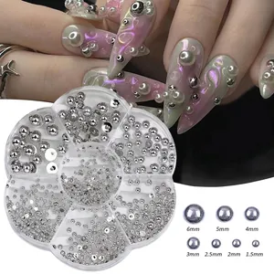 Set di perle in acciaio argento per nail art da 1.5mm a 6mm con scatola a fiore