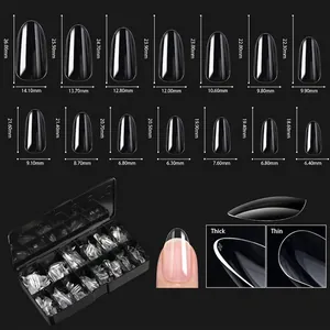 Detailed size chart for clear almond false nails showing 14 sizes and tip thickness