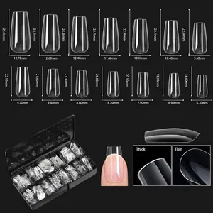 Detailed size chart for 14 sizes of transparent coffin nail tips with clear dimensions