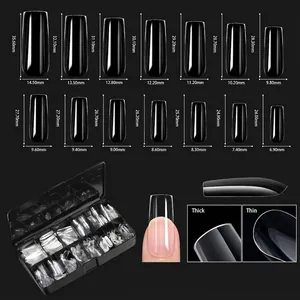 Detailed size guide showing 14 dimensions for coffin shaped transparent false nail tips