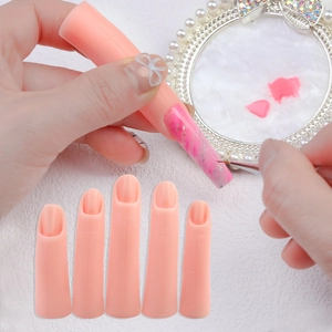 Detailed view of five silicone practice fingers for nail art with realistic skin textures