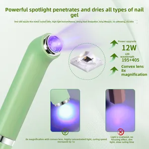 Detail of 12W UV nail lamp featuring 8x magnifying lens and dual light source for curing