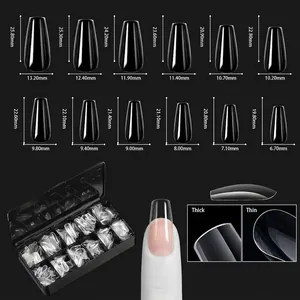 Size chart showing 12 precise dimensions for transparent coffin fake nail tips in mm
