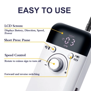 Portable 45000 RPM electric nail drill with LCD screen showing speed and battery level