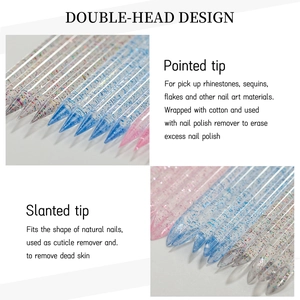 Double-ended acrylic nail dotting tool with glitter handle for cuticle pushing and crystals