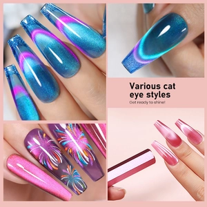 Cat eye nail magnet effects with glitter gradients and floral patterns in four styles