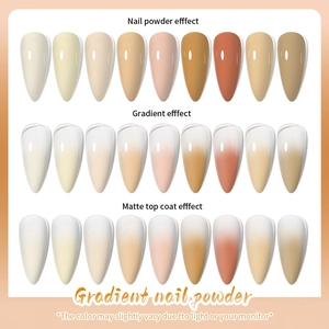 Comparison of eight earth tone nail powder shades showing gradient and matte top coat effects