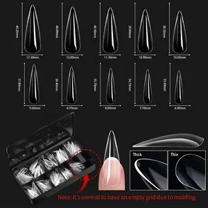 Transparent coffin false nail tips set with 10 sizes and detailed measurement chart