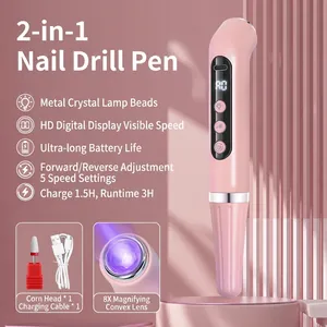 Detail of 2-in-1 portable nail drill with LED display and 8x magnifying glass lens