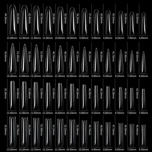 Size guide for extra long transparent press-on nail tips in coffin and stiletto shapes