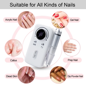 Detailed interface of portable nail drill showing digital RPM display and metal handpiece