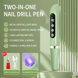Detail of mint green electric nail drill with 8x magnifying glass and LED lighting
