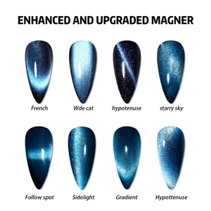 Close-up of 8 magnetic nail art effects on pointed tips with cat eye shimmer and blue tones