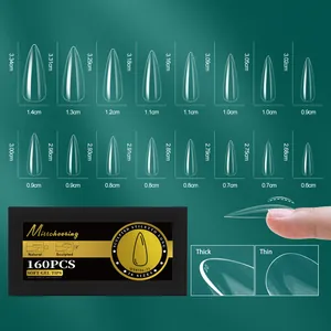 Tableau des tailles présentant 16 dimensions pour faux ongles stiletto avec détails précis