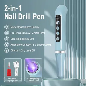 Macro detail of portable 2-in-1 nail drill pen with LED speed display and 8x magnifying lens