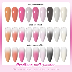Comparison of eight gradient nail powder colors in gloss, matte, and ombre finish effects