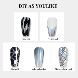 Présentation de nail art avec cinq motifs métalliques argentés et styles holographiques