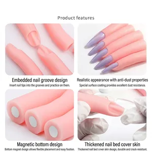 Silicone practice fingers for nail art with magnetic base and embedded nail slots