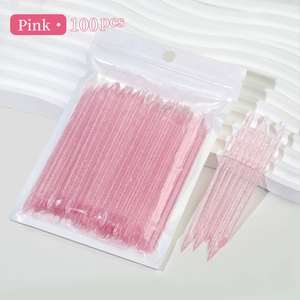 Bulk set of 100 pink glitter dual-ended nail cuticle pushers in transparent packaging