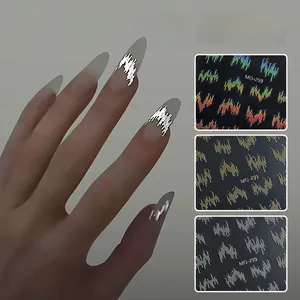 Macro detail of MO-299 reflective metallic silk nail stickers with colorful laser effect