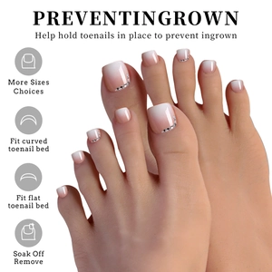 Faux ongles de pieds dégradés français avec strass et choix de tailles variées