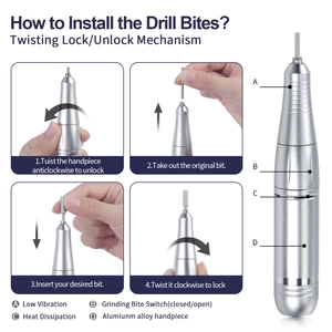 Portable 45000 RPM electric nail drill handpiece with cooling vents and drill bit lock