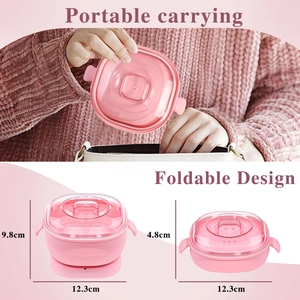 Bol chauffant en silicone pliable rose pour cire avec couvercle et dimensions détaillées