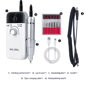 Portable electric nail drill set with LED screen, silver handle, and 6 metal grinding heads