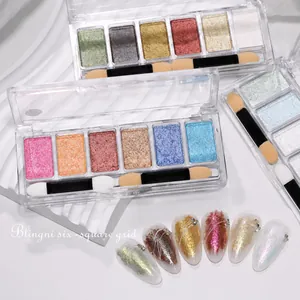 Detail van 6-kleuren aurora nagelpoeder palet met spons applicators en kleurstalen