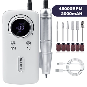 Detail view of 45000RPM electric nail drill set with LCD screen and metal drill bits