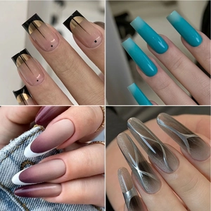 Gros plan sur quatre designs d'ongles artistiques avec effet œil de chat et French