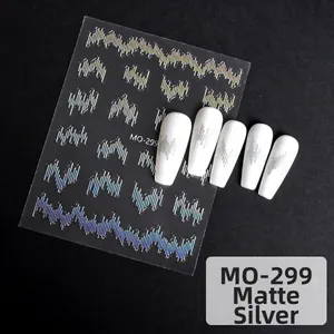 Macro shot of MO-299 silver reflective nail art stickers with dynamic wavy line patterns