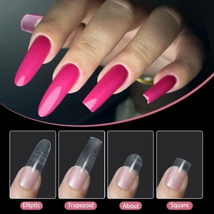 Comparaison détaillée de quatre formes d'ongles avec lignes de mesure et fini transparent