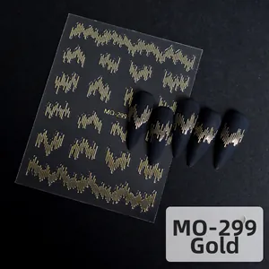 Macro shot of MO-299 gold pulse line nail stickers on matte black nails decoration
