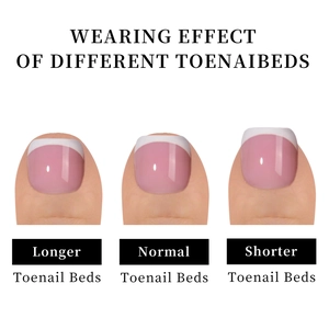 Faux ongles d'orteils French manucure montrant l'effet sur différents types d'ongles