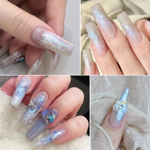 Uñas postizas largas cuadradas con purpurina, mariposa 3D, perlas y brillantes
