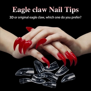 Macro detail of eagle claw nail tips in glossy deep red and transparent styles