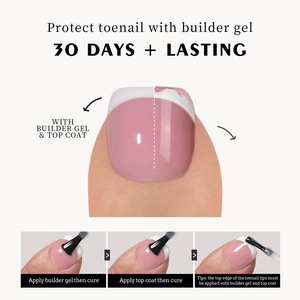 Détails des étapes de manucure française rose avec gel de construction et top coat durable