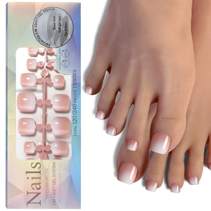 Détail des faux ongles de pieds dégradés rose et blanc avec système soft gel