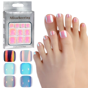 Faux Ongles De Pied À Presser Holographique Aurora Effet Œil De Chat Ongles Artificiels Avec Autocollants Lime Bâton